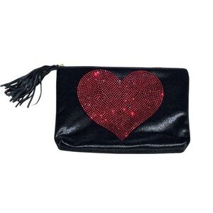 Ahdorned Velvet Red Heart Black Clutch with Tassel